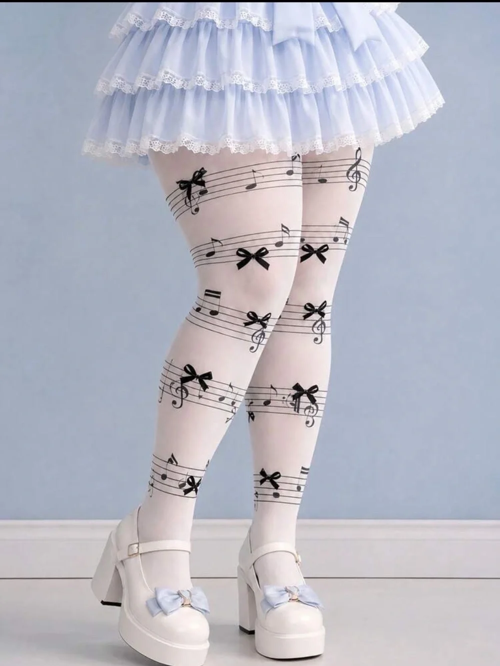 White Tights with Black Music Note & Bow Print